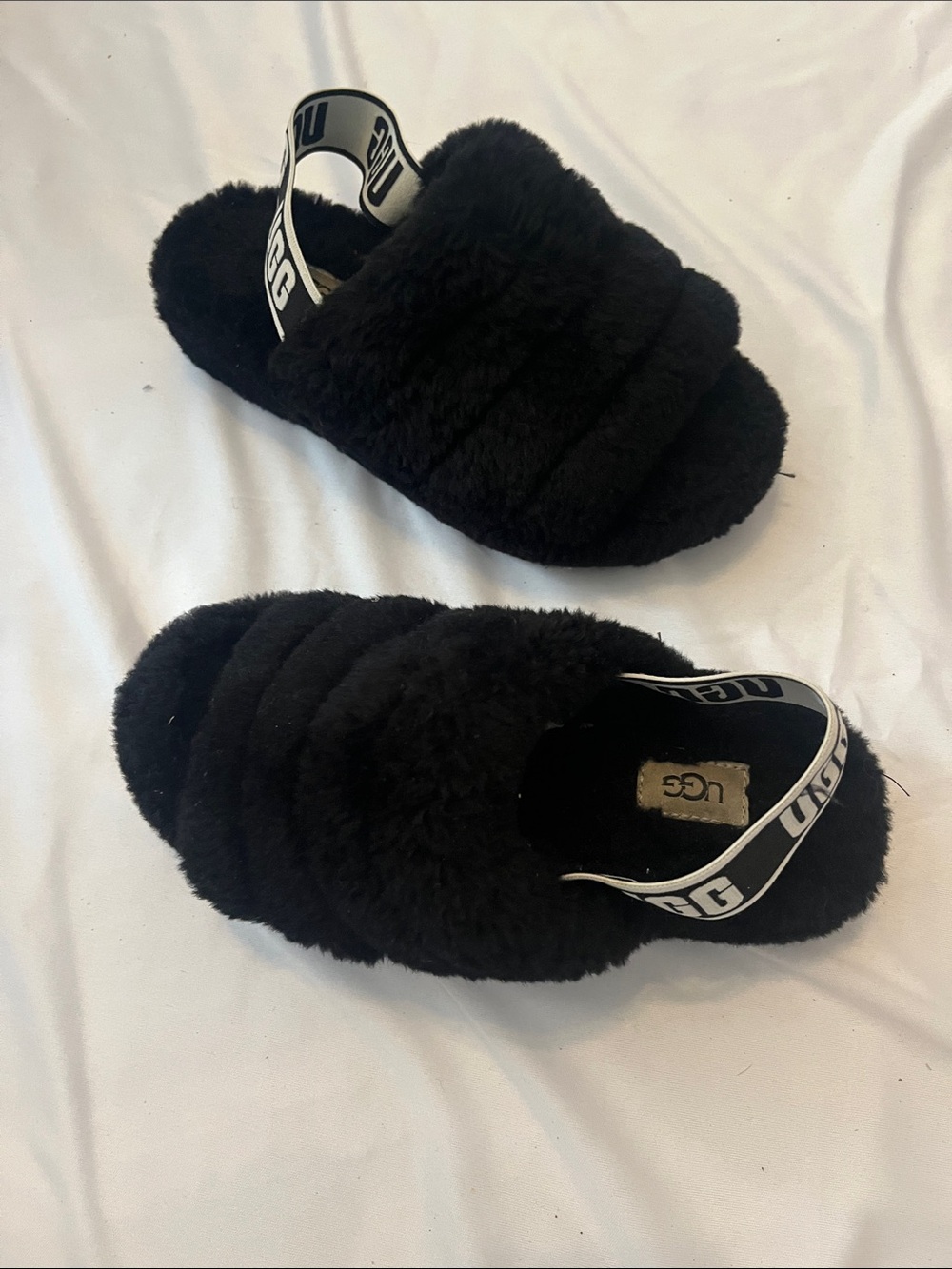 UGG Kids Black Fluffy Slingback Slides
